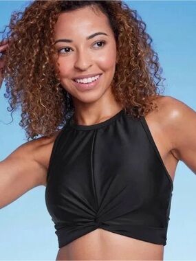 Shade & Shore Women's High Neck Twist-Front Bikini Top - Black Size Medium